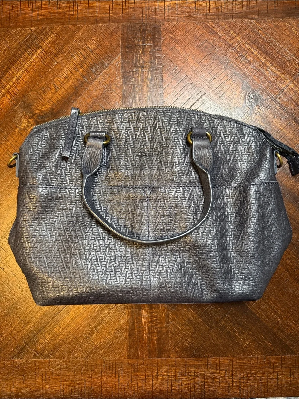 Textured Dark Blue Women's Leather Satchel Bag with Top Handles + Long Strap
